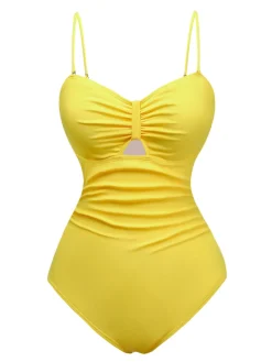 Outlet Retro Stage 1940s Solid Tummy Control Straps Swimsuit Yellow
