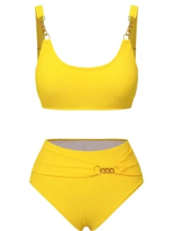 Outlet Retro Stage 1960s Spaghetti Strap Backless Solid Swimsuit Yellow