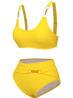 Outlet Retro Stage 1960s Spaghetti Strap Backless Solid Swimsuit Yellow