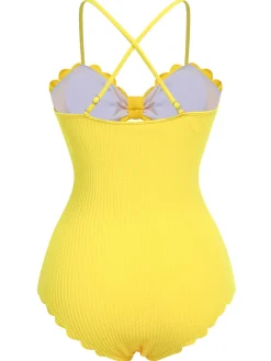 Fashion Retro Stage 1950s Spaghetti Strap One-Piece Swimsuit Yellow