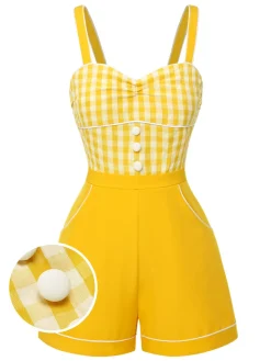 New Retro Stage 1950s Spaghetti Strap Plaids Romper Yellow