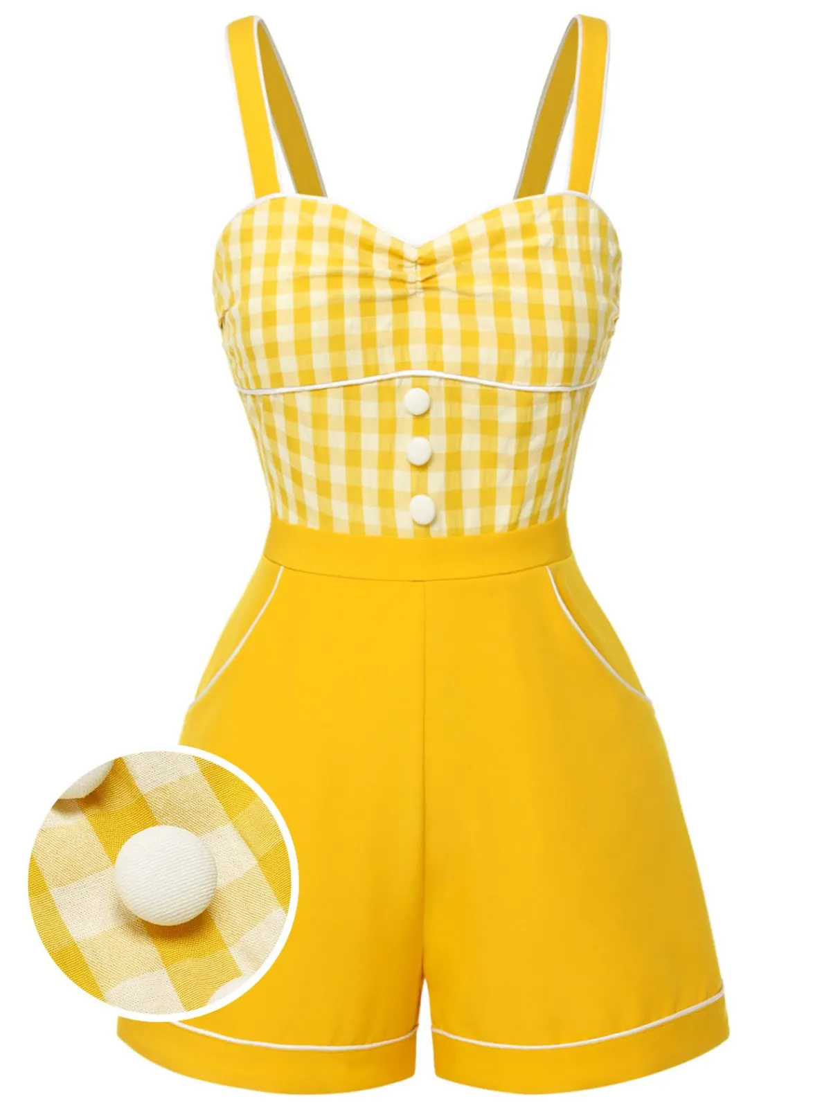 New Retro Stage 1950s Spaghetti Strap Plaids Romper Yellow