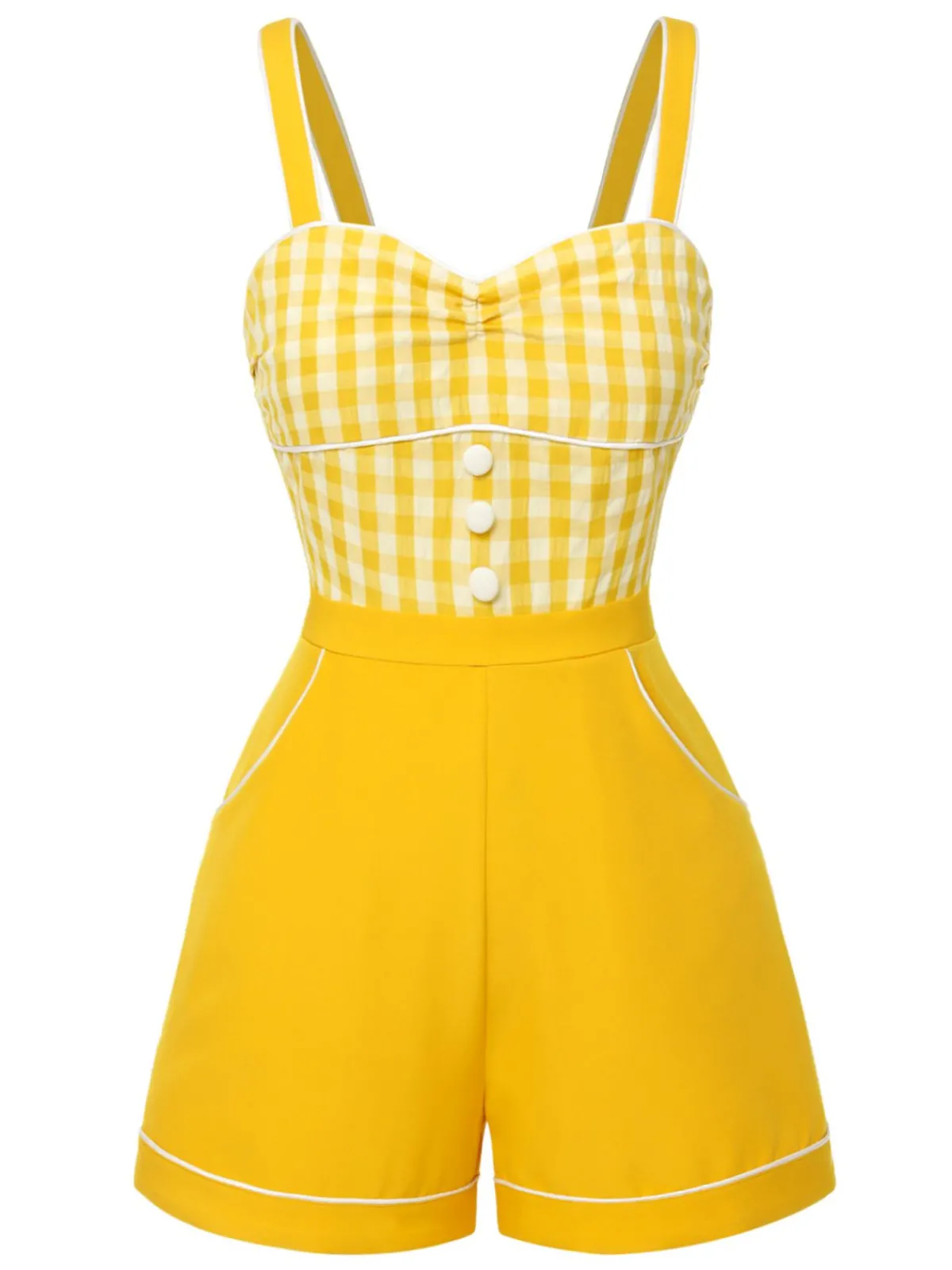 New Retro Stage 1950s Spaghetti Strap Plaids Romper Yellow
