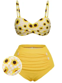 Discount Retro Stage 1950s Spaghetti Strap Sunflower Plaids Swimsuit Yellow