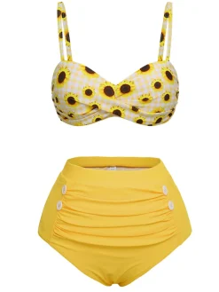 Discount Retro Stage 1950s Spaghetti Strap Sunflower Plaids Swimsuit Yellow