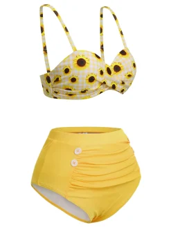 Discount Retro Stage 1950s Spaghetti Strap Sunflower Plaids Swimsuit Yellow