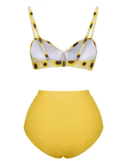 Discount Retro Stage 1950s Spaghetti Strap Sunflower Plaids Swimsuit Yellow