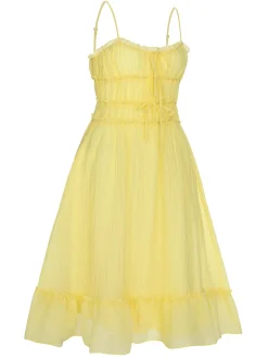 Clearance Retro Stage 1940s Spaghetti Strap Ruffle Hem Dress Yellow