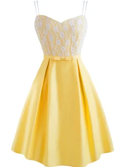 Clearance Retro Stage 1950s Stain Lace Strap Dress Yellow