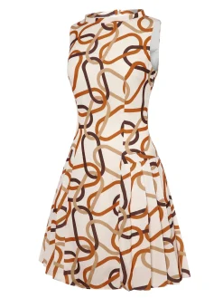 Sale Retro Stage 1960s Stand Collar Printed Pleated Dress Yellow