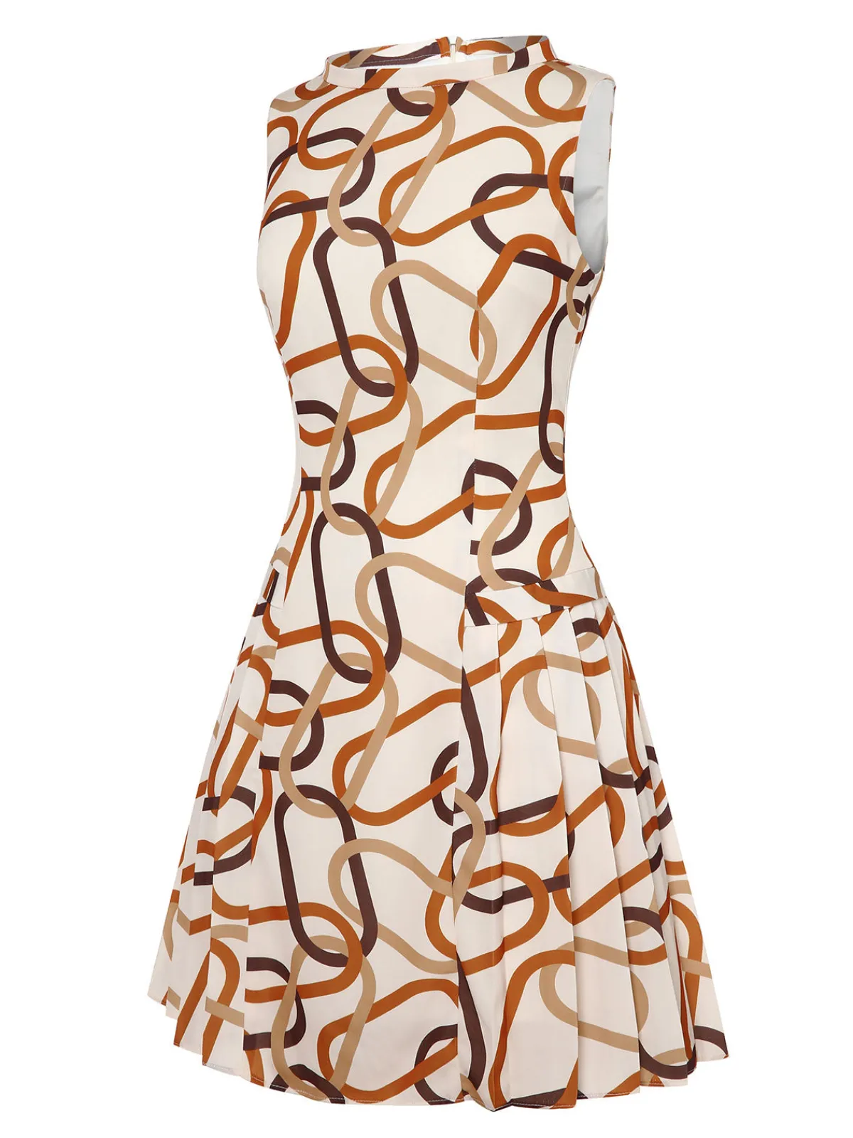 Sale Retro Stage 1960s Stand Collar Printed Pleated Dress Yellow