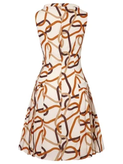 Sale Retro Stage 1960s Stand Collar Printed Pleated Dress Yellow