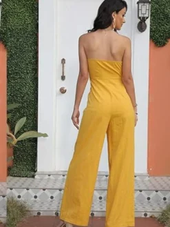Best Retro Stage 1970s Strapless Bow Solid Jumpsuit Yellow