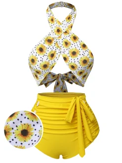 Sale Retro Stage Yellow 1950s Sunflower Cross Halter Swimsuit
