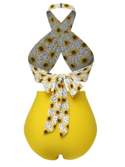 Sale Retro Stage Yellow 1950s Sunflower Cross Halter Swimsuit
