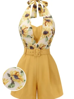 Hot Retro Stage 1950s Sunflower Halter Romper Yellow