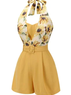 Hot Retro Stage 1950s Sunflower Halter Romper Yellow