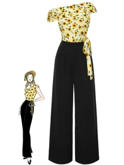 Best Retro Stage 1930s Sunflower Oblique Neck Jumpsuit Yellow