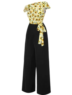 Best Retro Stage 1930s Sunflower Oblique Neck Jumpsuit Yellow