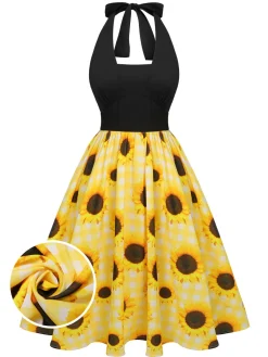 Hot Retro Stage 1950s Sunflower Plaid Halter Dress Yellow