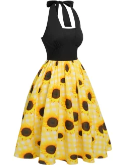 Hot Retro Stage 1950s Sunflower Plaid Halter Dress Yellow
