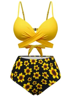 Sale Retro Stage 1950s Sunflower Tie Back Bikini Set Yellow