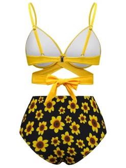 Sale Retro Stage 1950s Sunflower Tie Back Bikini Set Yellow
