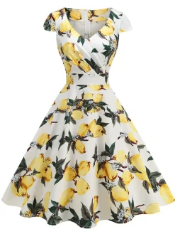 Online Retro Stage 1950s Surplice V-Neck Lemon Dress Yellow