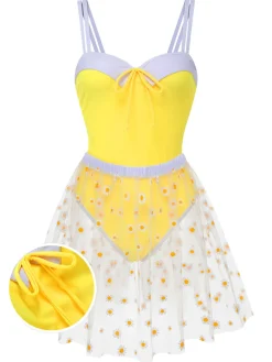 Online Retro Stage 1950s Suspender Swimsuit & Daisy Cover-Up Yellow