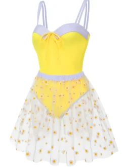 Online Retro Stage 1950s Suspender Swimsuit & Daisy Cover-Up Yellow