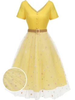 New Retro Stage 1950s V-Neck Daisy Mesh Dress Yellow