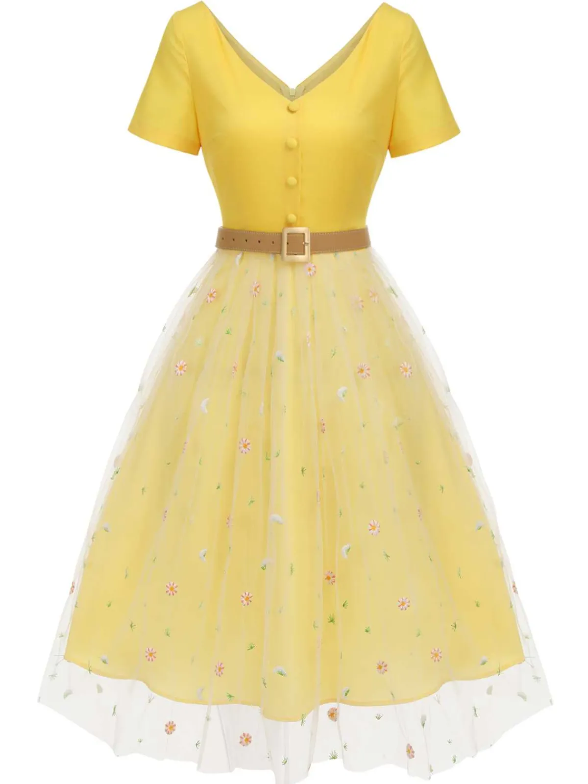 New Retro Stage 1950s V-Neck Daisy Mesh Dress Yellow