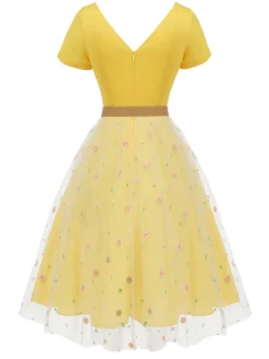 New Retro Stage 1950s V-Neck Daisy Mesh Dress Yellow