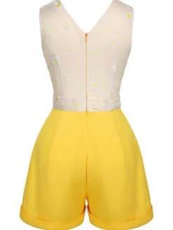 Discount Retro Stage 1950s V-Neck Daisy Mesh Romper Yellow