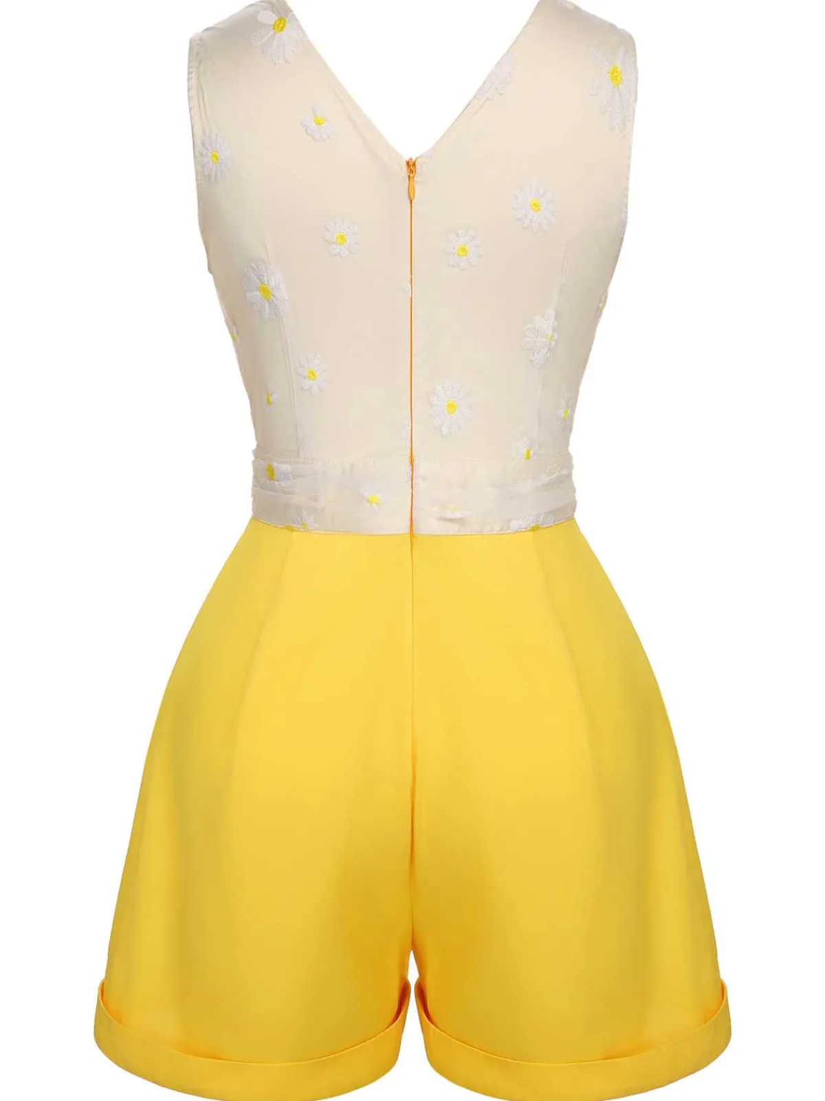 Discount Retro Stage 1950s V-Neck Daisy Mesh Romper Yellow