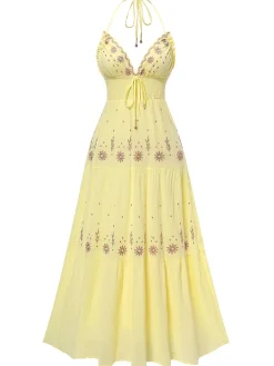 Hot Retro Stage 1930s V-Neck Embroidered Floral Dress Yellow