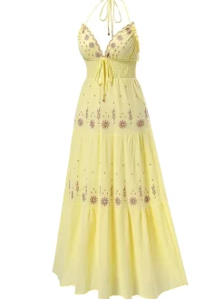 Hot Retro Stage 1930s V-Neck Embroidered Floral Dress Yellow
