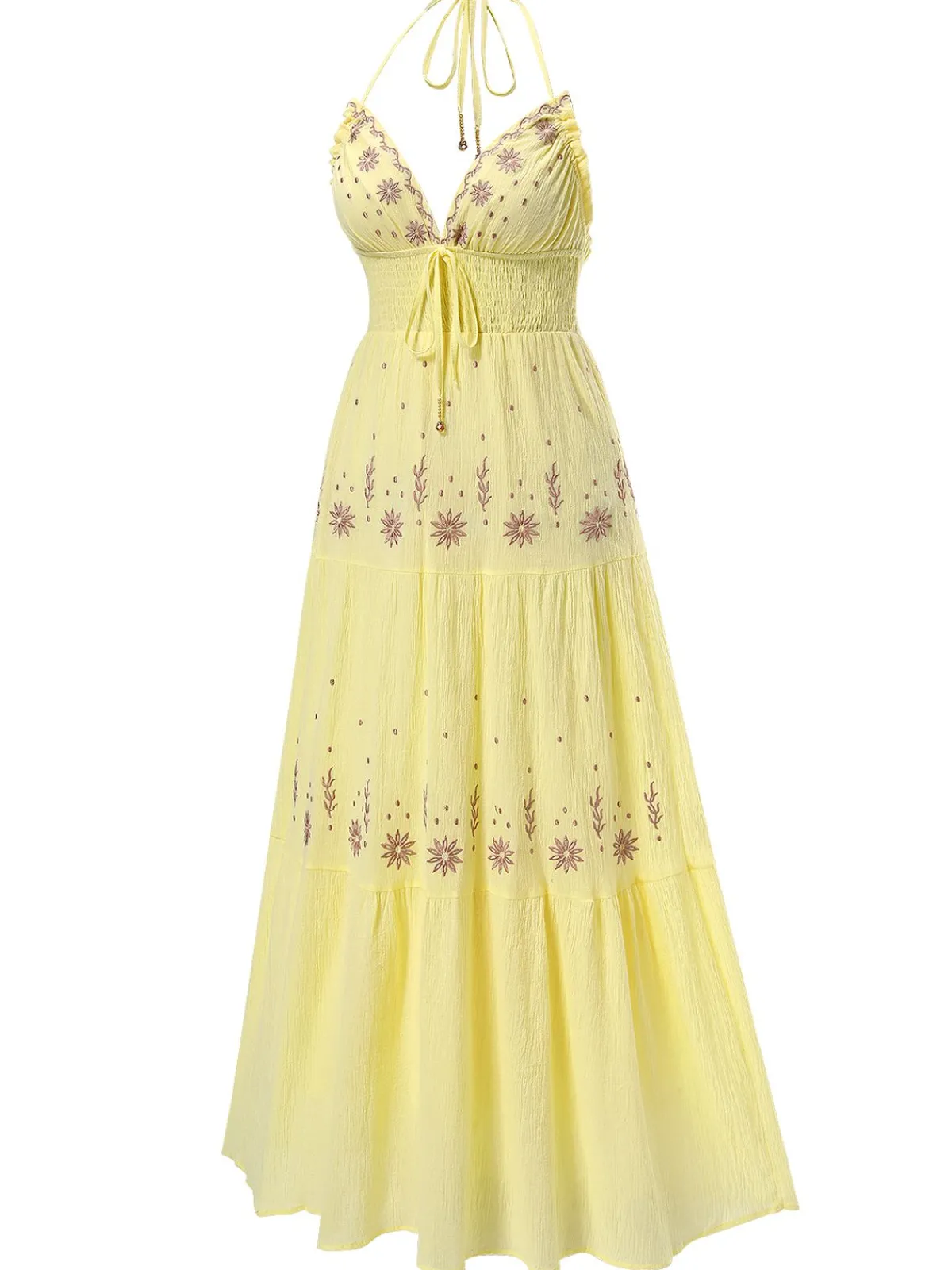 Hot Retro Stage 1930s V-Neck Embroidered Floral Dress Yellow
