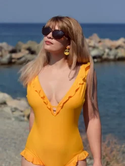 Online Retro Stage 1930s V-Neck One-piece Swimsuit Yellow
