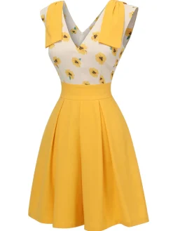 Clearance Retro Stage 1940s V-Neck Sunflower Patchwork Jumpsuit Yellow