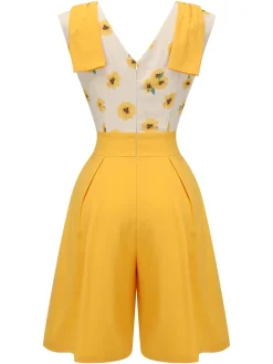 Clearance Retro Stage 1940s V-Neck Sunflower Patchwork Jumpsuit Yellow